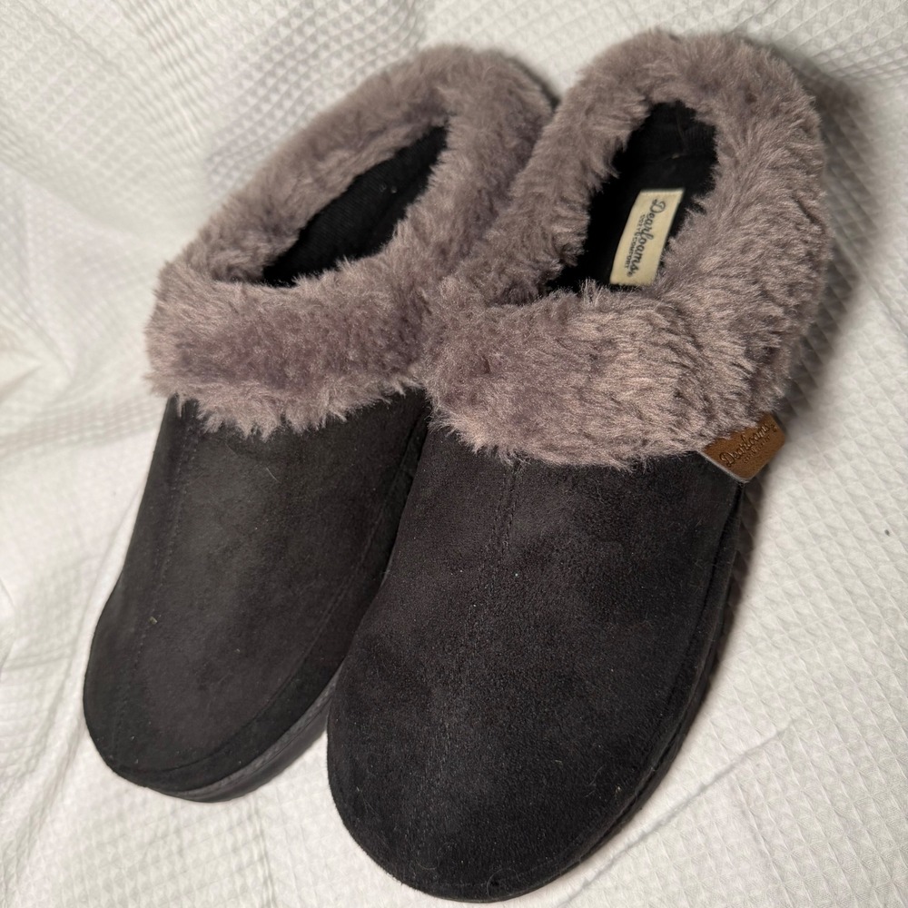 Dearfoams Mens Cozy Comfort Faux Fur Clog Slippers Black Grey Size Large 11-12